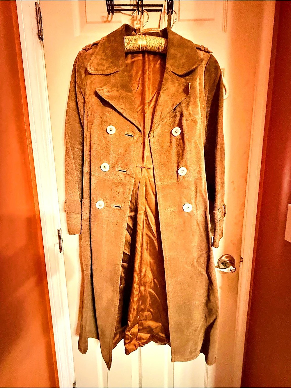 Vintage 1970s Brown Suede Double Breasted Trench Coat Size 10